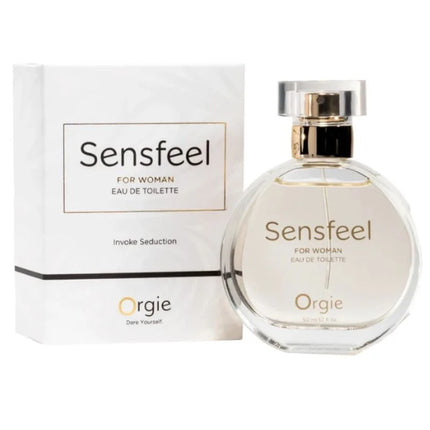 Klarer glasflakon der orgie sensfeel pheromon-booster eau de toilette für frauen mit silbernem verschluss und goldakzent