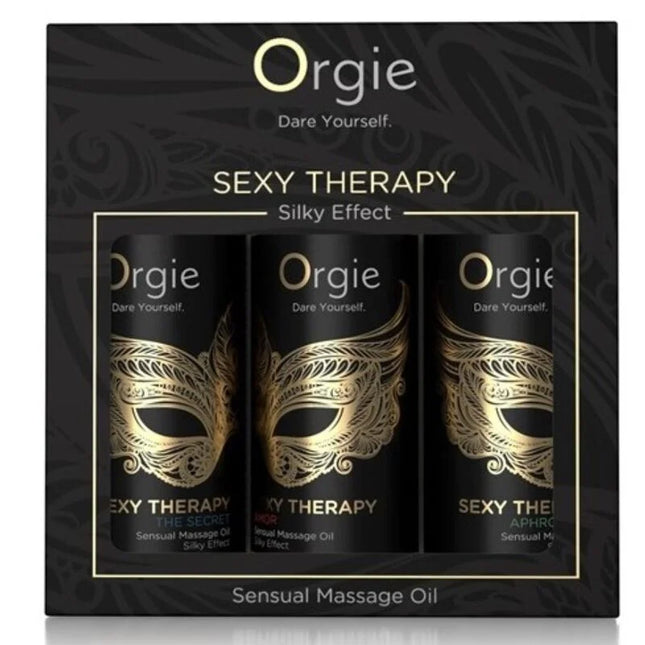 Orgje sexy therapy mini kollektion mit schwarzen und goldenen sensuelle massageölen im eleganten geschenkset