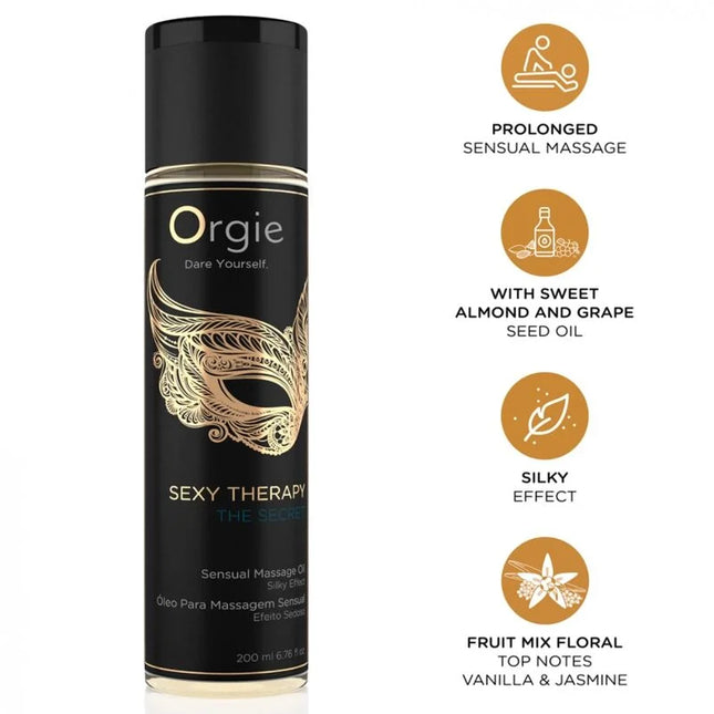 Schwarze zylinderflasche orgie sexy therapy the secret sinnliche massagen massageöl mit goldfolie und dekorativer maskenverzierung 200 ml