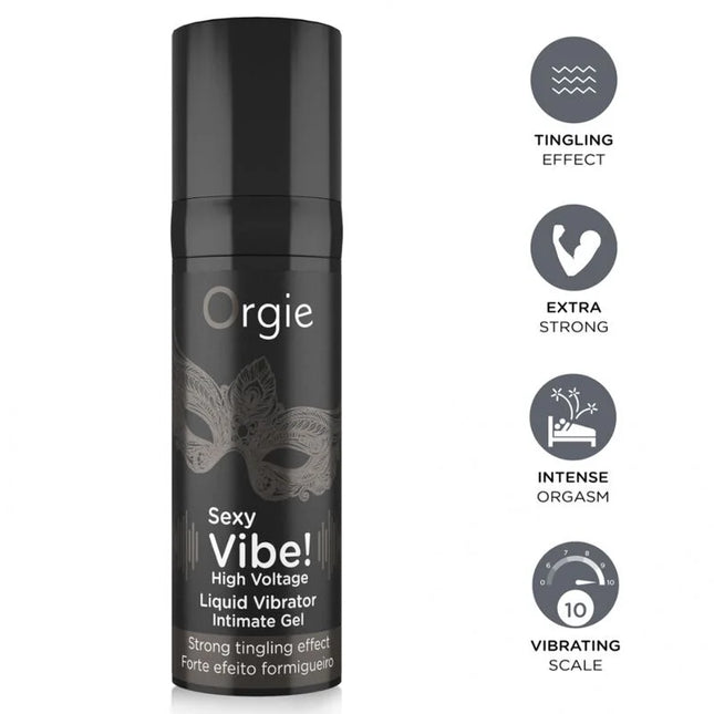 Schwarze zylindrische flasche orgie sexy vibe high voltage liquid vibrator intimgel mit silberner maskenoptik und weißem text