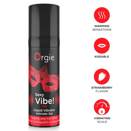 Orgie sexy vibe heißer, wärmende flüssigkeitsvibrator 15 ml in schwarzer dose mit roter mascaragrafik und erdbeergeschmack für sofortige vibrationswirkung