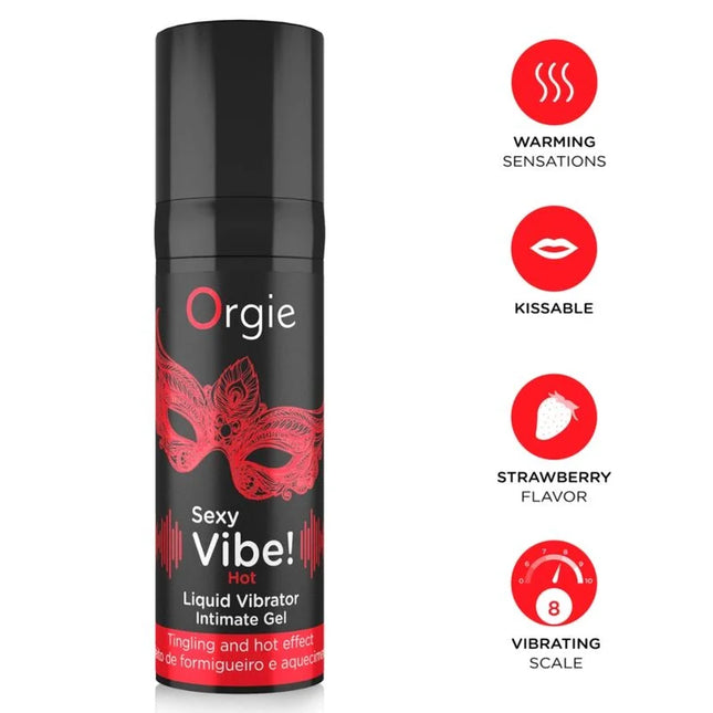 Orgie sexy vibe heißer, wärmende flüssigkeitsvibrator 15 ml in schwarzer dose mit roter mascaragrafik und erdbeergeschmack für sofortige vibrationswirkung