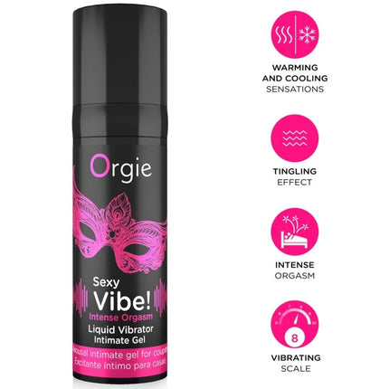 Schwarze zylindrische flasche orgie sexy vibe intensives orgasmus gel mit pinker maskenverzierung und aufregendes gel text