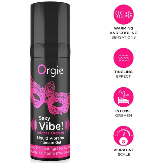 Schwarze zylindrische flasche orgie sexy vibe intensives orgasmus gel mit pinker maskenverzierung und aufregendes gel text