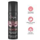 Schwarze zylindrische flasche orgie straffendes gel mit roségold verzierter maske und pinkem text 15 ml