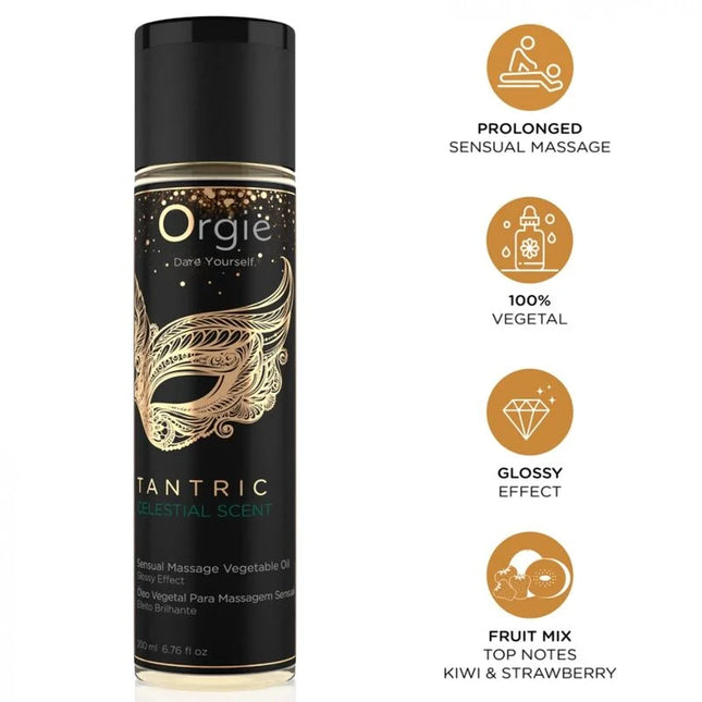 Schwarze zylindrische sprayflasche mit goldfolie und maskendesign mit orgie tantrischer himmlischer duft sinnliches pflanzliches körperöl