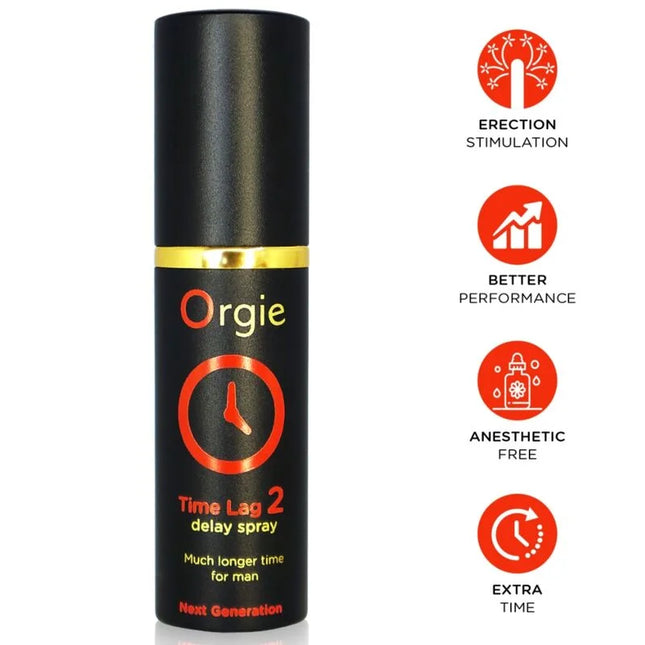 Schwarze zylindrische orgie time lag 2 verzögertes sprayflasche mit goldenem ring und orange-weißem text 10 ml