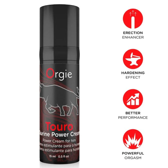 Schwarze zylindrische orgie touro erektionsfördernde creme mit weißer bullensilhouette und rotem text auf dunklem hintergrund