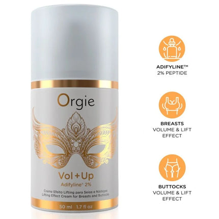 Eine elegante weiße und goldene zylindrische flasche orgie vol plus up lifting-creme für brust und po mit goldenem maskendesign