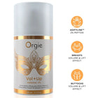Eine elegante weiße und goldene zylindrische flasche orgie vol plus up lifting-creme für brust und po mit goldenem maskendesign