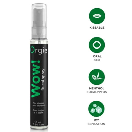 Schwarze zylindrische spraysprayflasche mit grüner wow bucal spray beschriftung und klarem transparenzdeckel 10 ml
