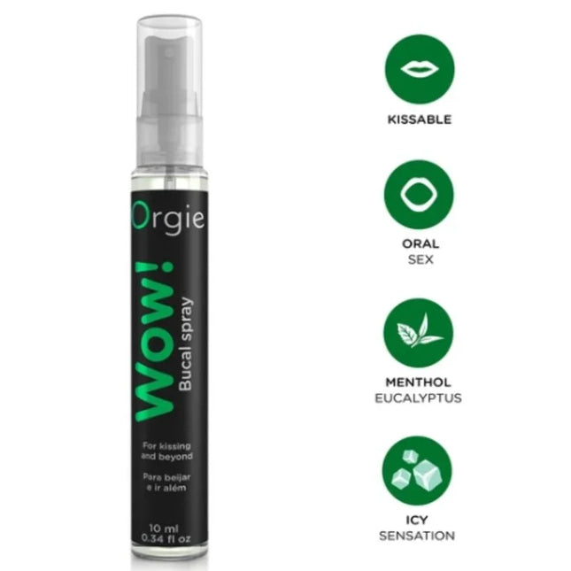 Schwarze zylindrische spraysprayflasche mit grüner wow bucal spray beschriftung und klarem transparenzdeckel 10 ml