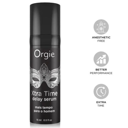 Schwarze zylindrische flasche orgie xtra time delay serum mit silberner verzierung und weißem text 15 ml