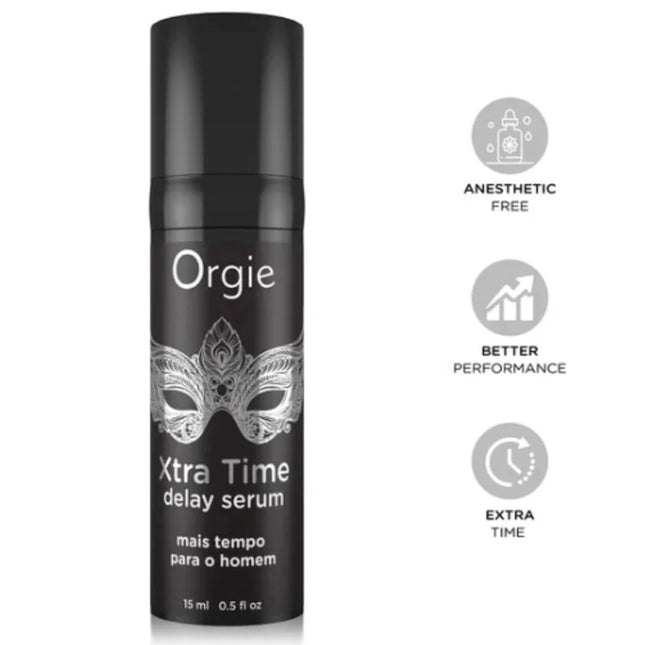 Schwarze zylindrische flasche orgie xtra time delay serum mit silberner verzierung und weißem text 15 ml