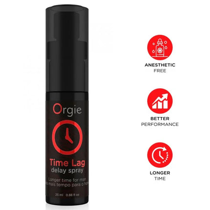 Schwarze zylindrische sprayflasche orgie zeitverzögertes spray anästhesiefrei mit rotem logo 25 ml