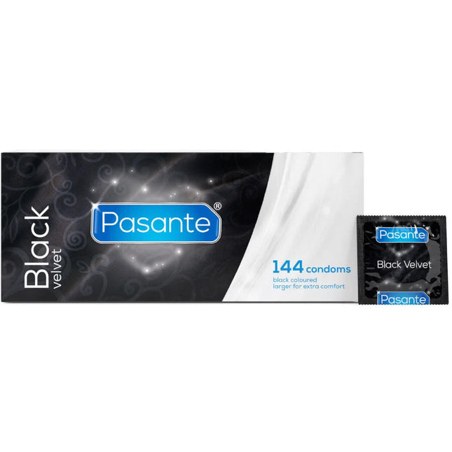 Pasante black velvet kondome 144 einheiten in schwarzer samtqualität mit eleganter schwarz-weißer verpackung
