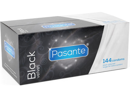 Pasante black velvet kondome box mit 144 einheiten in schwarzem samtmaterial und blauem branding akzent