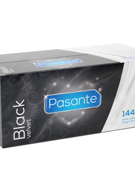 Pasante black velvet kondome box mit 144 einheiten in schwarzem samtmaterial und blauem branding akzent