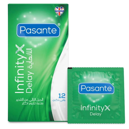 Grüne pasante infinityx delay kondome in hochwertigem naturlatex mit weißem text für sexuelle gesundheit