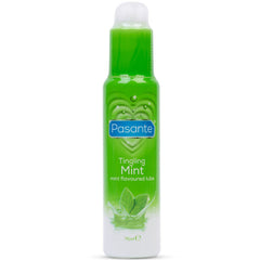 Grüne und weiße pasante flasche mit tingling mint aromatisiertem gleitmittel 75 ml rückseite sichtbar
