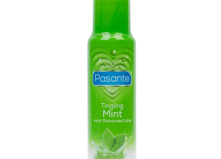 Grüne und weiße pasante flasche mit tingling mint aromatisiertem gleitmittel 75 ml rückseite sichtbar