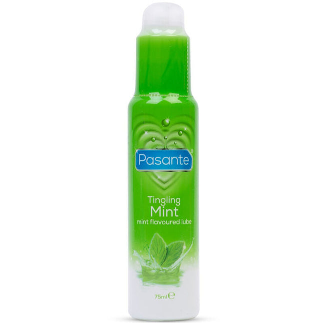 Grüne und weiße pasante flasche mit tingling mint aromatisiertem gleitmittel 75 ml rückseite sichtbar