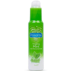 Grüne und weiße pasante flasche mit tingling mint aromatisiertem gleitmittel 75 ml rückseite sichtbar