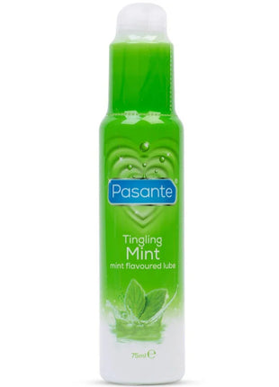 Grüne und weiße pasante flasche mit tingling mint aromatisiertem gleitmittel 75 ml rückseite sichtbar