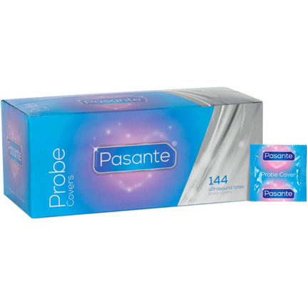 Pasante probe cover kondome box mit 144 einheiten in blau und silber mit einzelnen rosa und blauen folieeinheiten