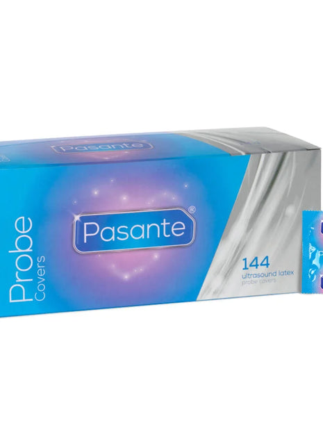 Pasante probe cover kondome box mit 144 einheiten in blau und silber mit einzelnen rosa und blauen folieeinheiten