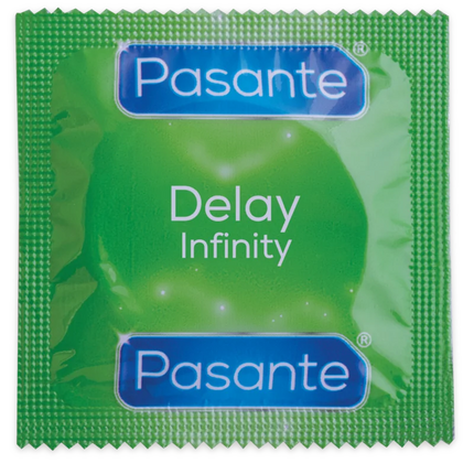 Grüne pasante delay infinity kondome verpackung mit verzögernder wirkung 3 einheiten rückseite