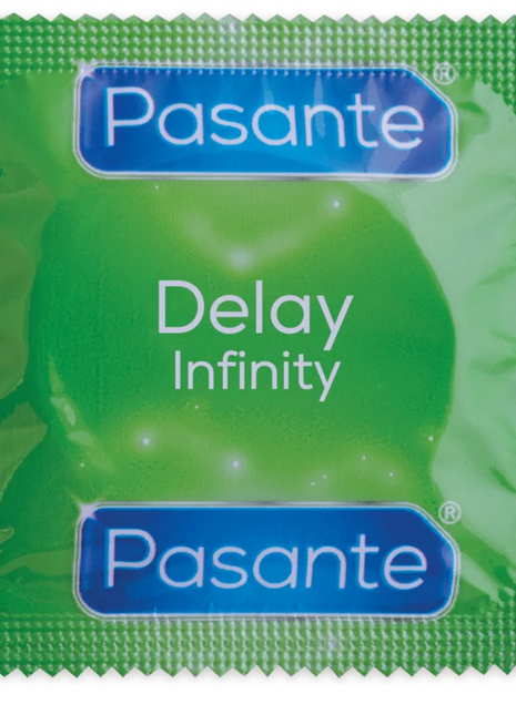 Grüne pasante delay infinity kondome verpackung mit verzögernder wirkung 3 einheiten rückseite