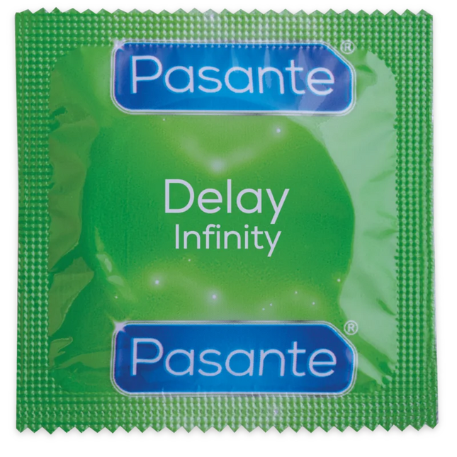 Grüne pasante delay infinity kondome verpackung mit verzögernder wirkung 3 einheiten rückseite