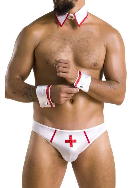 Weiß nurse-themed briefs mit rotem kreuz und besatz aus der kollektion PASSION 037 slip gregory white