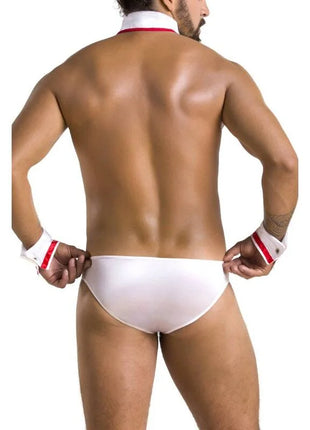 Weiße satin briefs mit rotem rand und passendem halsband und handgelenkband im passion 037 slip gregory white design