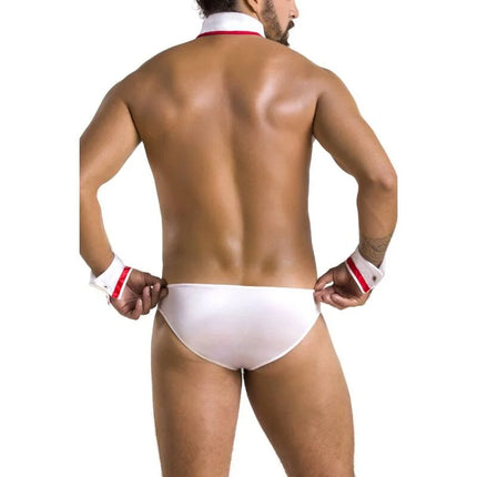 Weiße satin briefs mit rotem rand und passendem halsband und handgelenkband im passion 037 slip gregory white design