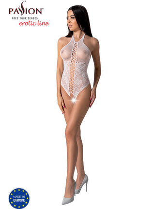 Weißer spitzenbody mit neckholder und feinem mesh-detail im passion bs094 schwarzer bodystocking eine größe