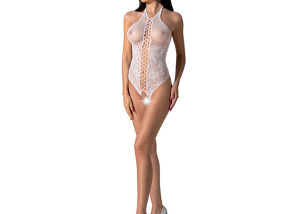 Weißer spitzenbody mit neckholder und feinem mesh-detail im passion bs094 schwarzer bodystocking eine größe