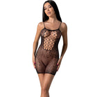 Schwarzer spitzen bodystocking passion bs096 mit fischernetzmuster am torso und floralen details an den beinen