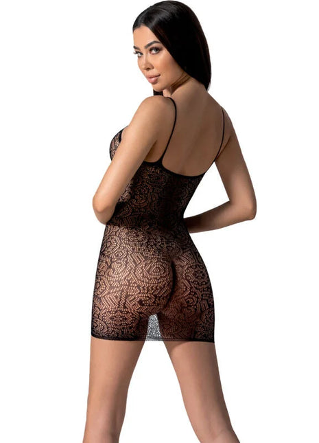 Schwarzer passione bodystocking bs096 mit feiner spitzenoptik und dünnen spaghetti-trägern in einer größe