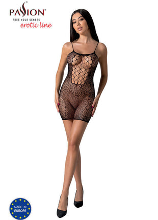 Schwarzer Spitzen-Bodystocking passion bs096 mit feinem Mesh und Muster in einer Größe, Vorderansicht