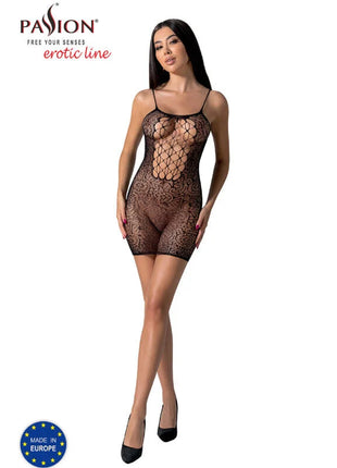 Schwarzer Spitzen-Bodystocking passion bs096 mit feinem Mesh und Muster in einer Größe, Vorderansicht