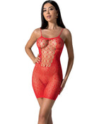 Rotes spitzen-bodycon-kleid mit dünnen spaghetti-trägern und mesh-einsatz am torso passion bs096 schwarzer bodystocking eine größe