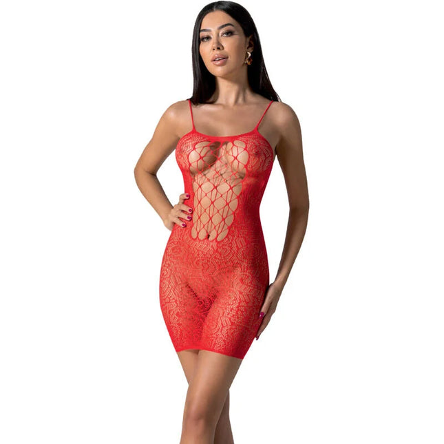 Rotes spitzen-bodycon-kleid mit dünnen spaghetti-trägern und mesh-einsatz am torso passion bs096 schwarzer bodystocking eine größe