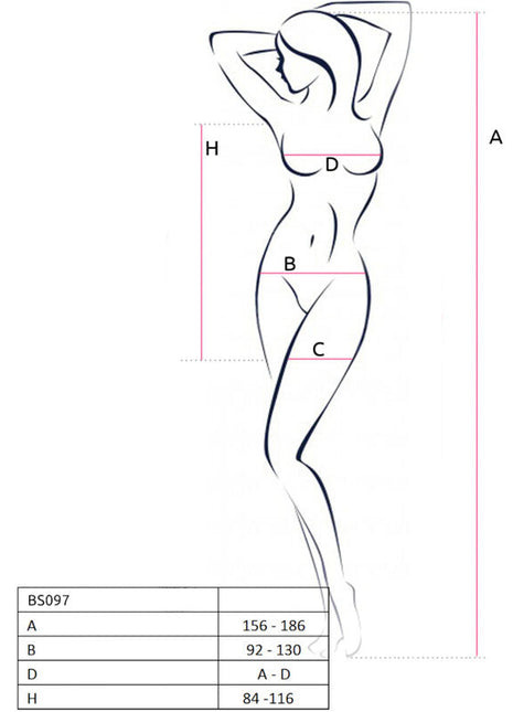 Minimalistischer linienzeichnung frauensilhouette mit messpunkten für passio bs097 schwarzer bodystocking eine größe