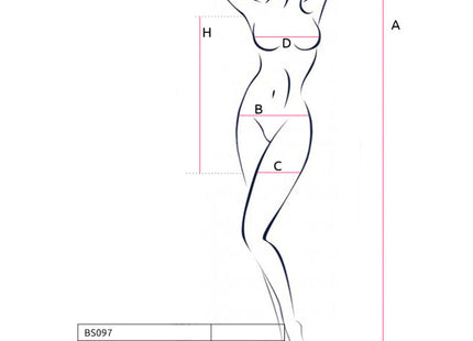 Minimalistische linienzeichnung einer frauensilhouette mit maßpunkten a b c h für den passion bs097 schwarzer bodystocking eine größe