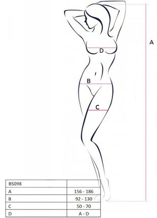 Minimalistische linienzeichnung einer weiblichen figur mit beschrifteten messpunkten a b c d für bodystocking sizing passion bs098 eine größe