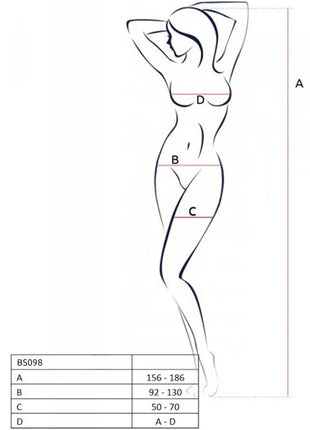Minimalistische linienzeichnung einer weiblichen figur mit beschrifteten messpunkten a b c d für bodystocking sizing passion bs098 eine größe