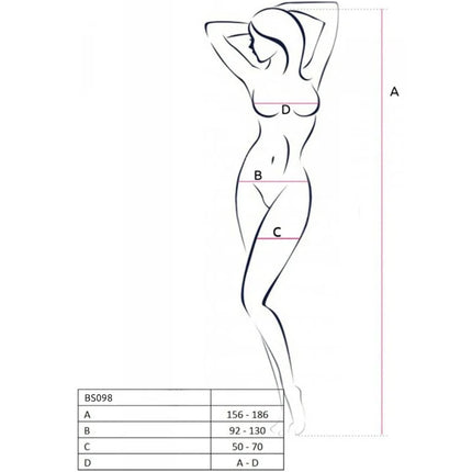 Minimalistische linienzeichnung einer weiblichen figur mit beschrifteten messpunkten a b c d für bodystocking sizing passion bs098 eine größe