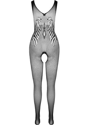 Schwarzer fishnet bodystocking passion bs098 mit mutigem weißem tiger-print auf dem torso eine größe